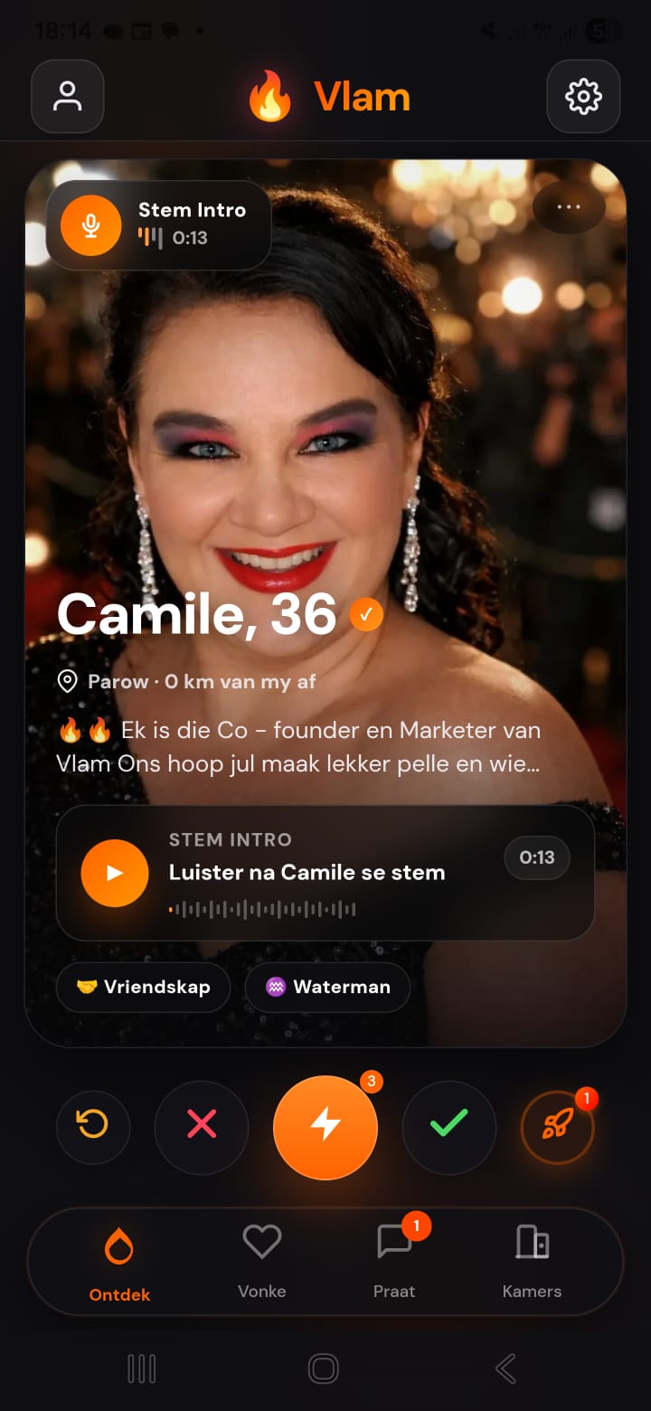 Vlam promo beeld vir die Afrikaanse dating app